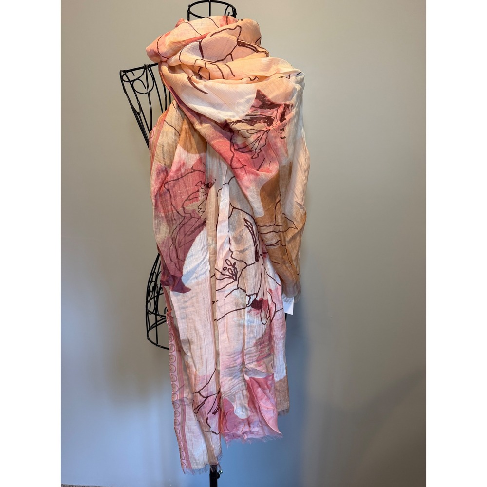 Charlie Paige Floral Scarf Peach Pink Tan Modal Viscose Lightweight Wrap 64x24